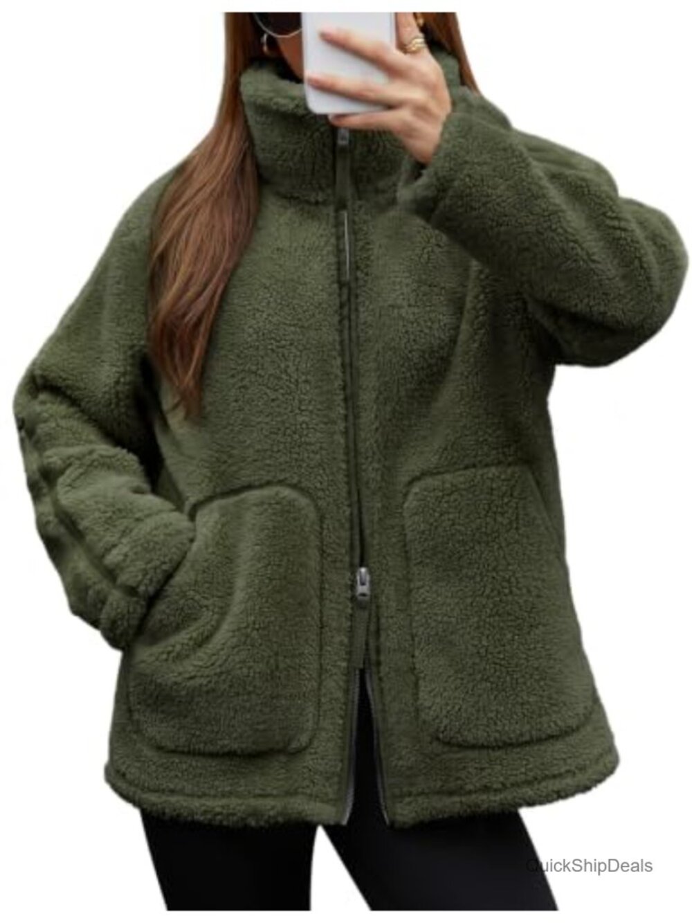 Womens Sherpa Fleece Zip Up Jacket with Pockets Fall Winter Coat